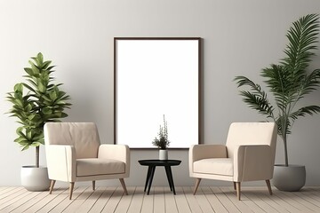 Modern composition of living room interior with two white armchairs, mock up poster without text, plants and personal accessories in home decor. ai generated.