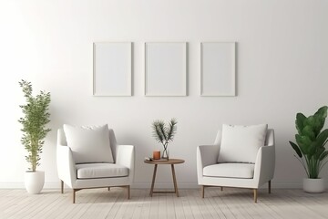 Modern composition of living room interior with two white armchairs, three mock up posters without text, plants and personal accessories in home decor. ai generated.