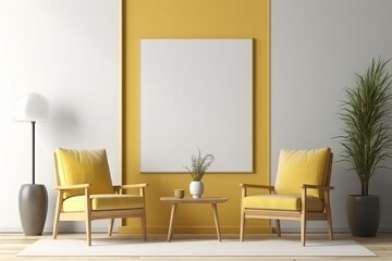 Modern composition of living room interior with two yellow armchairs, mock up poster without text, plants and personal accessories in home decor. ai generated.