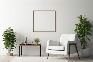 Modern composition of living room interior with white armchair, mock up poster without text, plants and personal accessories in home decor. ai generated.