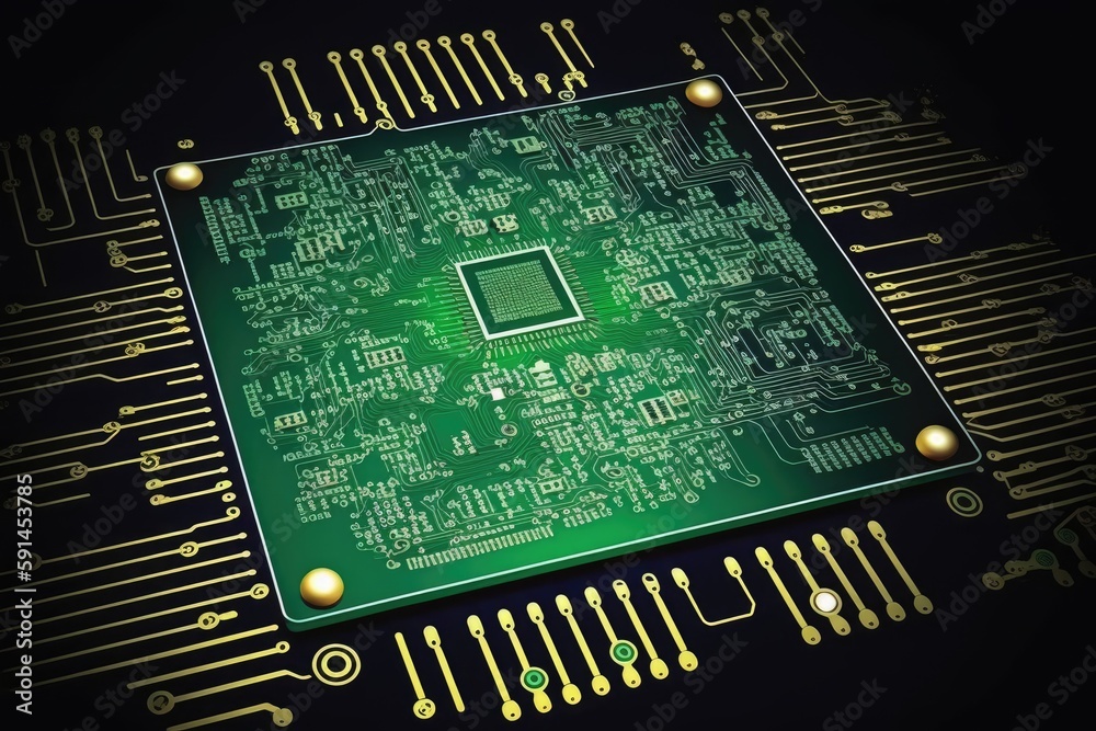 Poster close-up view of a computer microchip on a black background. generative ai