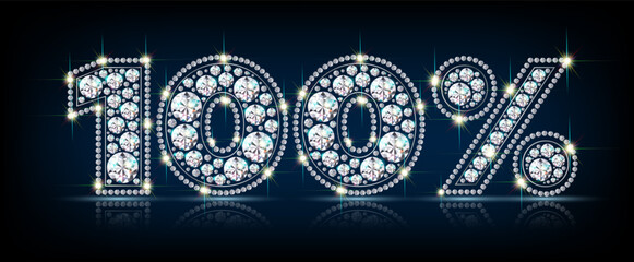 Numerals One hundred 100 percent % made of sparkling diamonds. Sale, discount symbol. Realistic vector on black background with reflection