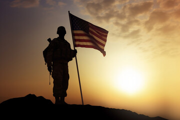 Solder standing in front of USA flag at sunrise. Concept for Memorial Day, Independence day, 4tf of July, Patriot Day, Veterans Day. Generative AI