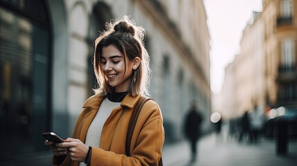 Obraz premium Portrait of a beautiful young woman using mobile phone in the city.Generative Ai