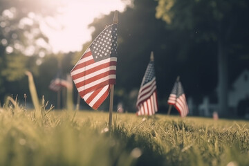 Memorial day,  Patriotic American background with flags on the grave honoring veterans. Generative AI 