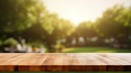 Empty wooden table in summer background with the blurred green garden and picnic or BBQ in the background. Generative AI
