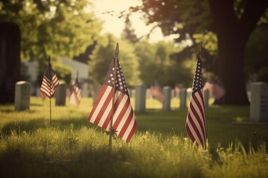 Memorial day,  Patriotic American background with flags on the grave honoring veterans. Generative AI 