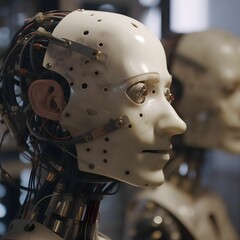 Fototapeta premium Artificial intelligence robot head in a modern factory. 3D rendering