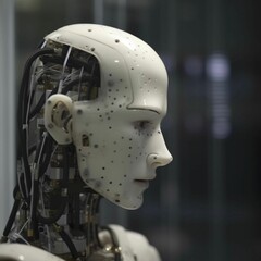 Artificial intelligence robot head in a modern factory. 3D rendering