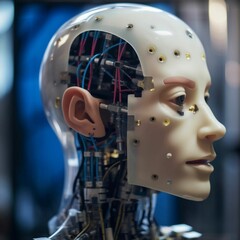 Artificial intelligence robot head. Future technology concept. 3D Rendering