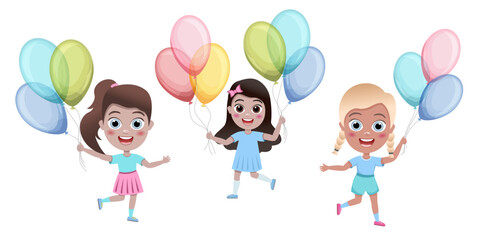 kids, little girl jump with colorful balloons on white background, cartoon illustration, vector. Birthday.Cute children having fun on birthday party. happy kids greeting card celebrate birthday vector