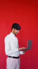 Online job. Internet research. Internet marketing. Satisfied smiling smart geek guy in glasses...