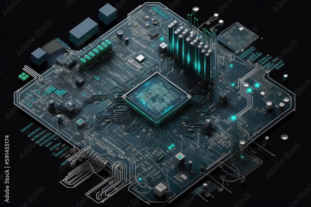 Poster computer circuit board close up with technology components and microchips. generative ai