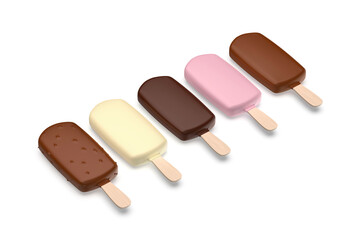 Group of five different chocolate ice creams, isolated on white background