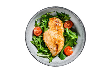 Chicken breast fillet with arugula salad. Healthy food, keto diet, diet lunch concept.  Isolated,...