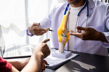 Physical therapist showing knee model to male patient during consultation at doctor's office...