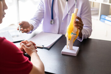Physical therapist showing knee model to male patient during consultation at doctor's office...