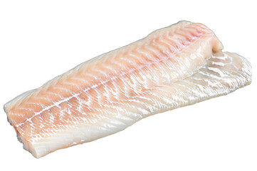 Raw Norwegian skrei cod fish fillet. Isolated, transparent background