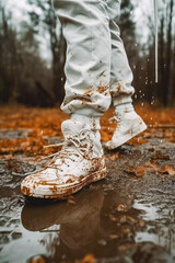 Jump with white sneaker shoes into a dirty puddle splash, Generative AI