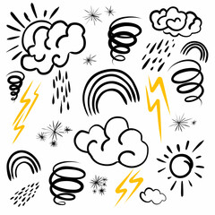 doodle weather white on black background. Contains sign of the sun, clouds, snowflakes, wind, rain, moon, lightning and more isolated on white background.