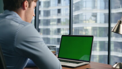 Confident entrepreneur mockup laptop video call in office. Job interview concept