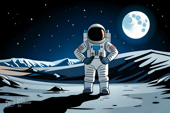 Man on moon, cartoon image. Moon landing cartoon image. Created using generative AI.