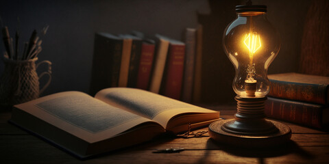 Book and light bulb on the table. Created with generative Ai technology.