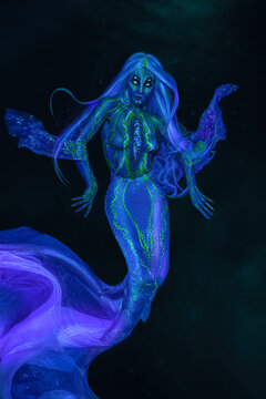Female sea creature with four eyes and a mermaid tail, bioluminescent in the dark sea depths