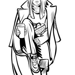 Modern fashion vector illustration of abstract young woman wearing elegant urban trousers, casual sweater and stylish coat and drinking coffee, black and white