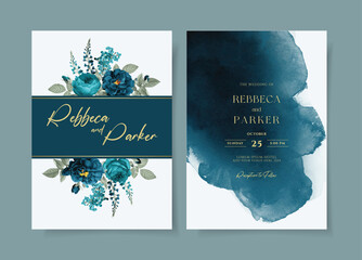 Watercolor wedding invitation template set with romantic teal navy floral and leaves decoration