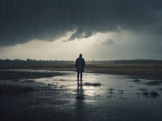 Fototapeta na wymiar A solitary figure standing in the rain