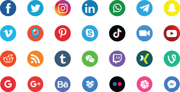 Set popular social media colour icons. Facebook, instagram, twitter, youtube, pinterest, behance, google, linkedin, whatsapp, snapchat and many more. Social media icons round color. Vector editorial.