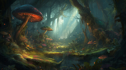 A beautiful fairy-tale enchanted forest with tall trees, tropical vegetation, and a plethora of colorful insects." Generative AI