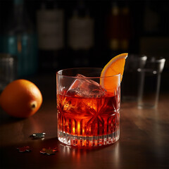 A glass of red cocktail with a slice of orange Generative AI