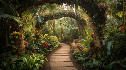 A stunning hidden fairy tale garden adorned with flower arches and a gorgeous tropical rainforest filled with vibrant foliage. Generative AI