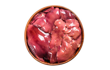 Raw fresh turkey liver in a bowl.  Isolated, transparent background