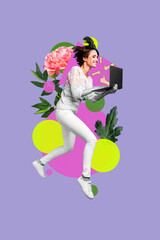 Collage artwork graphics picture of smiling lady texting instagram twitter telegram facebook isolated painting background