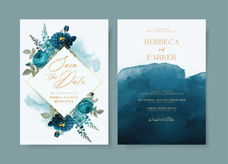 set of watercolor wedding invitation card template with teal and navy flowers