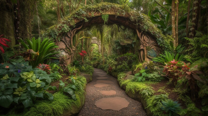 A stunning hidden fairy tale garden adorned with flower arches and a gorgeous tropical rainforest filled with vibrant foliage. Generative AI