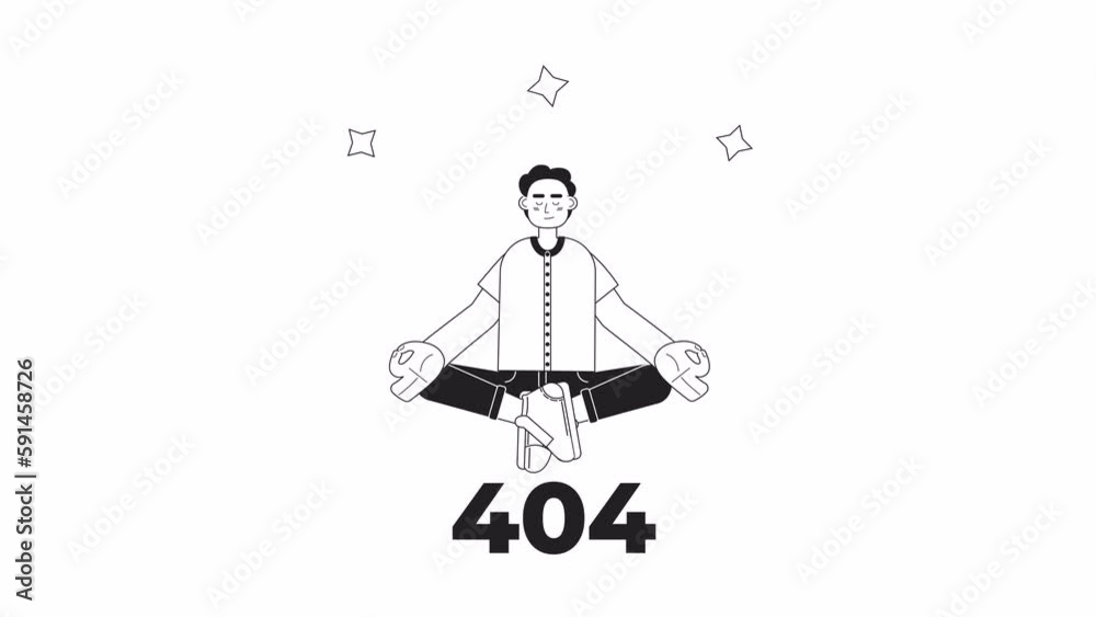 Poster animated bw meditation 404 error. man doing yoga. empty state 4k video footage with alpha channel tr