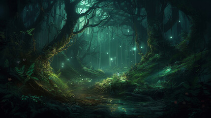 A very beautiful, mysterious, night forest is surrounded by a magical aura and illuminated by bright light, creating a stunning and mesmerizing view. Tall, amazing trees and beauti Generative AI