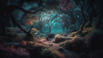 Fototapeta na wymiar A fairy-tale beautiful, mysterious, night forest is surrounded by a magical aura and filled with unusual light. Tall, amazing trees are illuminated by a delicate, moonlight glow, c Generative AI