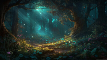 A fairy-tale beautiful, mysterious, night forest is surrounded by a magical aura and filled with unusual light. Tall, amazing trees are illuminated by a delicate, moonlight glow, c Generative AI