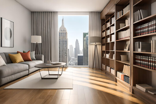 New modern luxury flat apartment living room showing the interior of the architecture building which has a library of books for home use, computer Generative AI stock illustration image