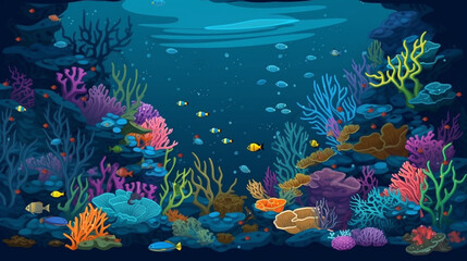 Obraz na płótnie Canvas Generate a very beautiful description of the ocean floor with clear water, exotic marine life, and corals in 200 words. Only leave nouns and adjectives, and separate the words with Generative AI