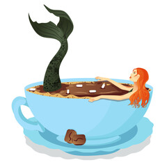 mermaid resting in a cup of coffee with marshmallows