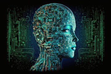 womans head with a futuristic circuit board as a backdrop. Generative AI