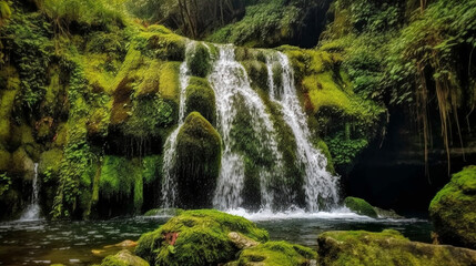 Fototapeta na wymiar High mountains covered with moss surround a beautiful waterfall in an area full of lush greenery. The water in the waterfall is crystal clear, allowing one to admire the stunning s Generative AI
