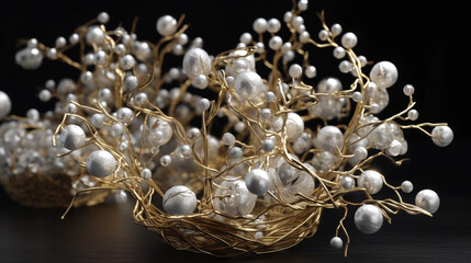 Obraz na płótnie Canvas Golden and silver slender branches interweave gracefully, creating a complex geometric pattern. Each branch is adorned with white pearls that sparkle in the light. The ornament is Generative AI