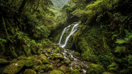 Naklejka na ściany i meble High mountains covered with moss surround a beautiful waterfall in an area full of lush greenery. The water in the waterfall is crystal clear, allowing one to admire the stunning s Generative AI
